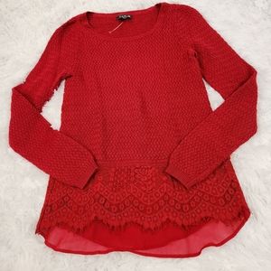 Lucky Brand Red Crewneck Lace Bottom Sweater
